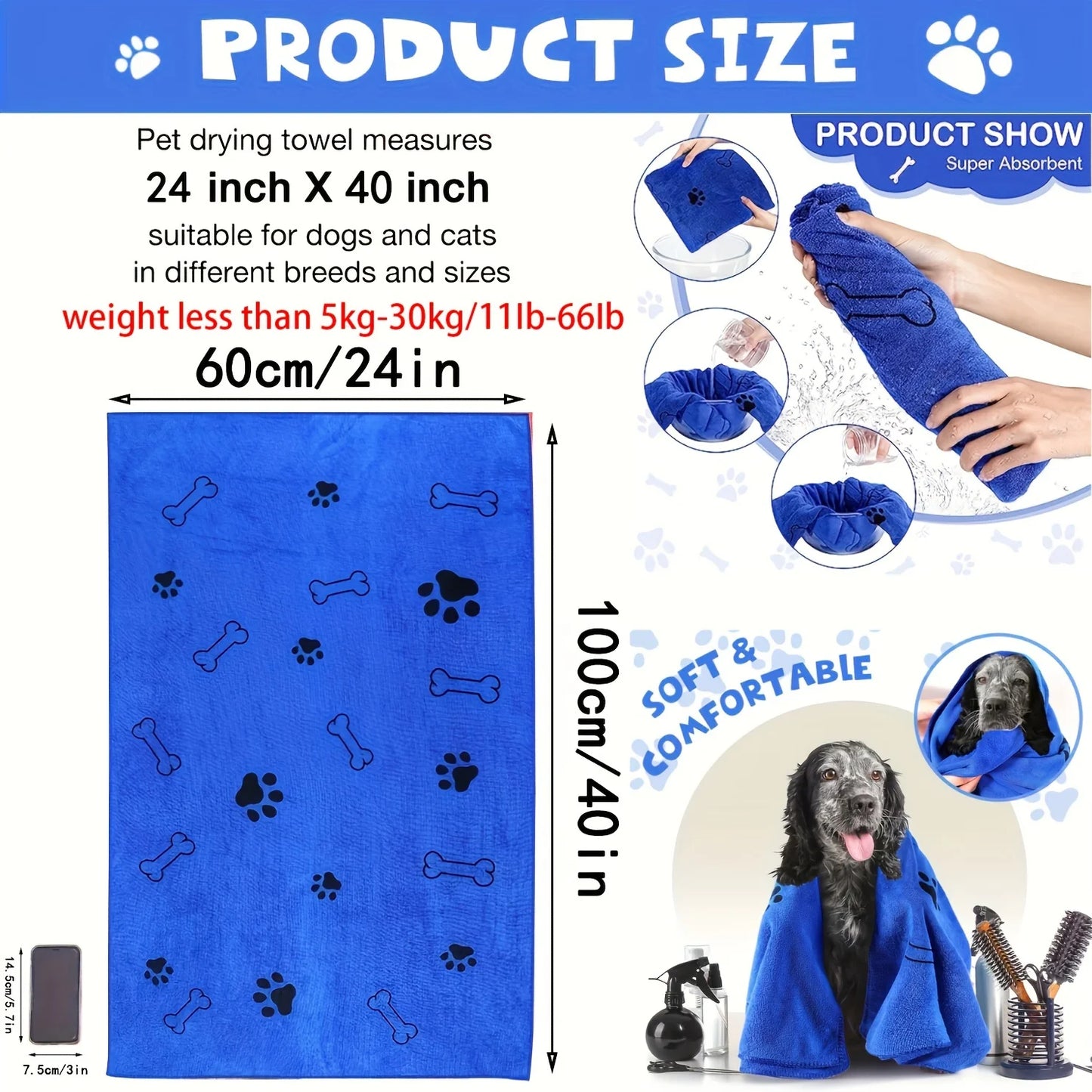 1pc Asciugamano per cani in microfibra ad asciugatura rapida